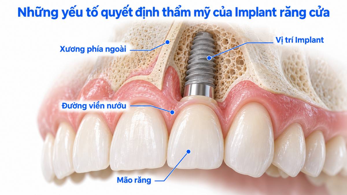 Thẩm mỹ vùng răng cửa phụ thuộc đồng thời vào vị trí Implant, xương phía ngoài, mô nướu và hình thể mão răng.